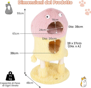 Tiragraffi per Gatti 93 cm, Torre di Gatti a Tema Mostro, Piuma Morbida e Lunga, Palo per Graffio in Sisal e Giocattoli Pendenti, Centro Attività per Gattini a 3 Livelli