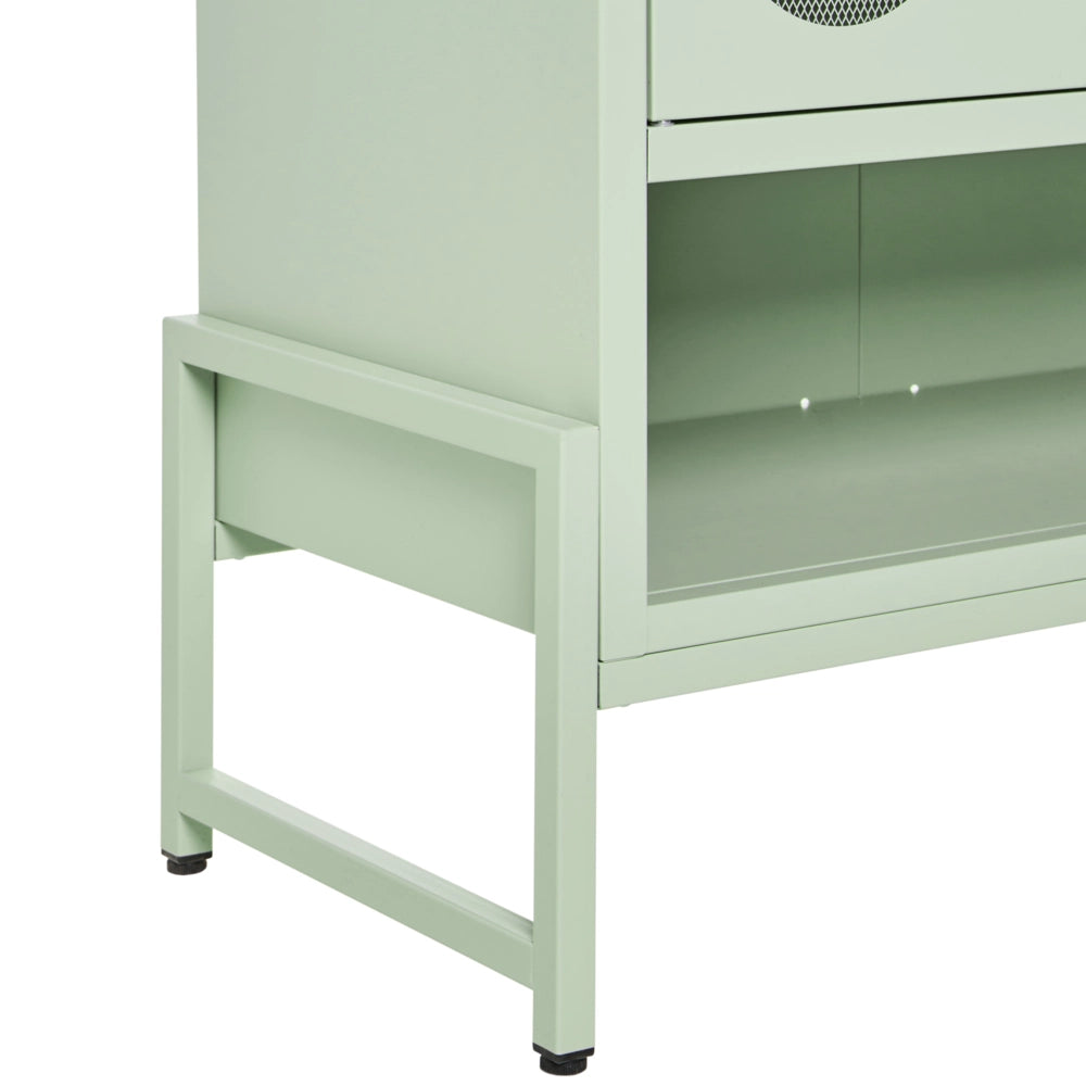 Credenza in acciaio con 2 ante ovali traforate e 5 ripiani verde menta stile industriale moderna