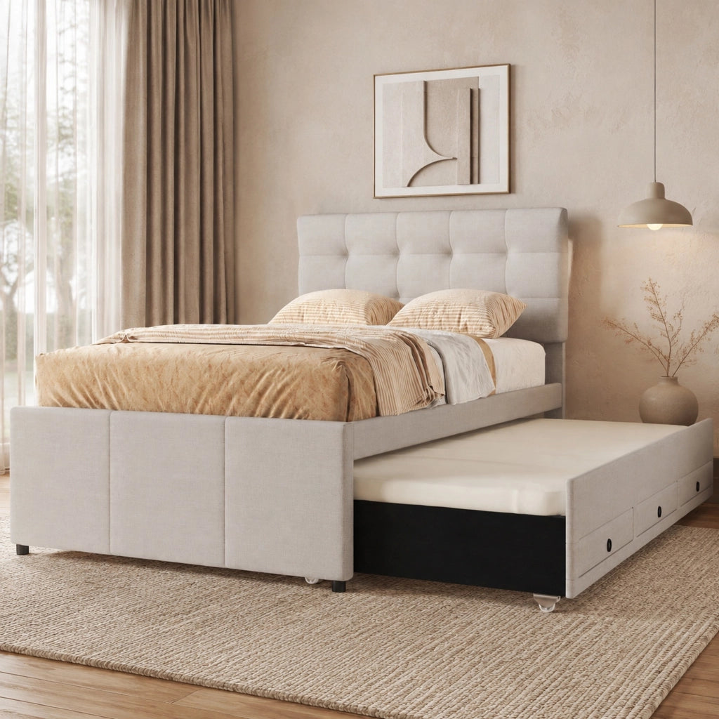 LETTO imbottito estraibile 90x200 cm lino beige con 3 cassetti