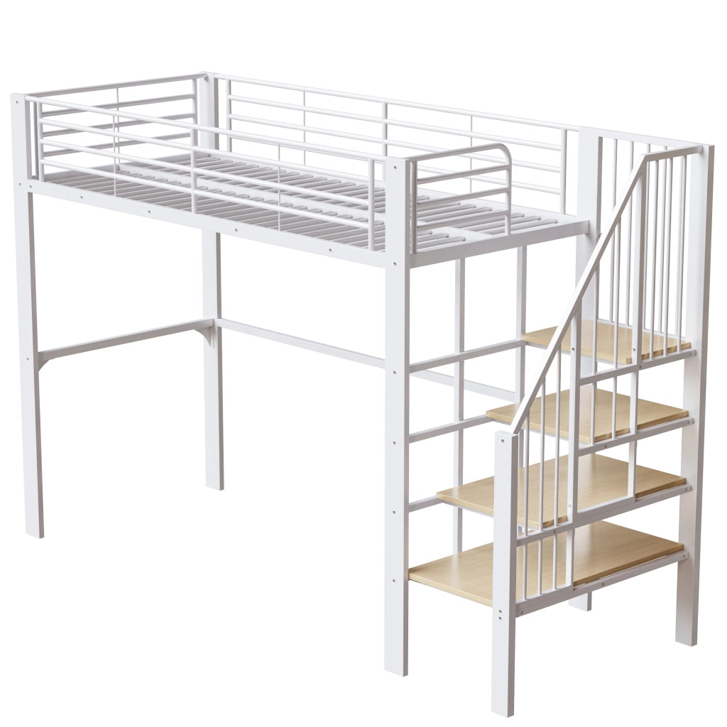 Letto a soppalco singolo 90×200 cm con scala e spazio sotto; senza materasso; metallo e legno; bianco