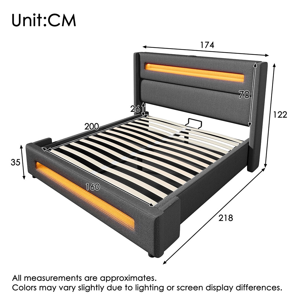Letto matrimoniale-Xylo-160x200 cm-LED, USB-C, idraulico, con materasso, lino, grigio