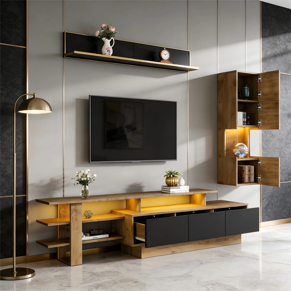 Cassettiera TV in MDF e acrilico; nero e legno naturale; lunghezza 180 cm