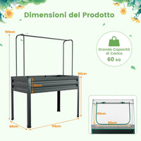 Letto per Orto in Cassetta con Serra da Giardino, Fioriera Rialzata da Giardino in Acciaio Zincato e PE, Aiuola Rialzata con Fori di Drenaggio da Esterno, 115 x 60 x 150 cm, Grigio