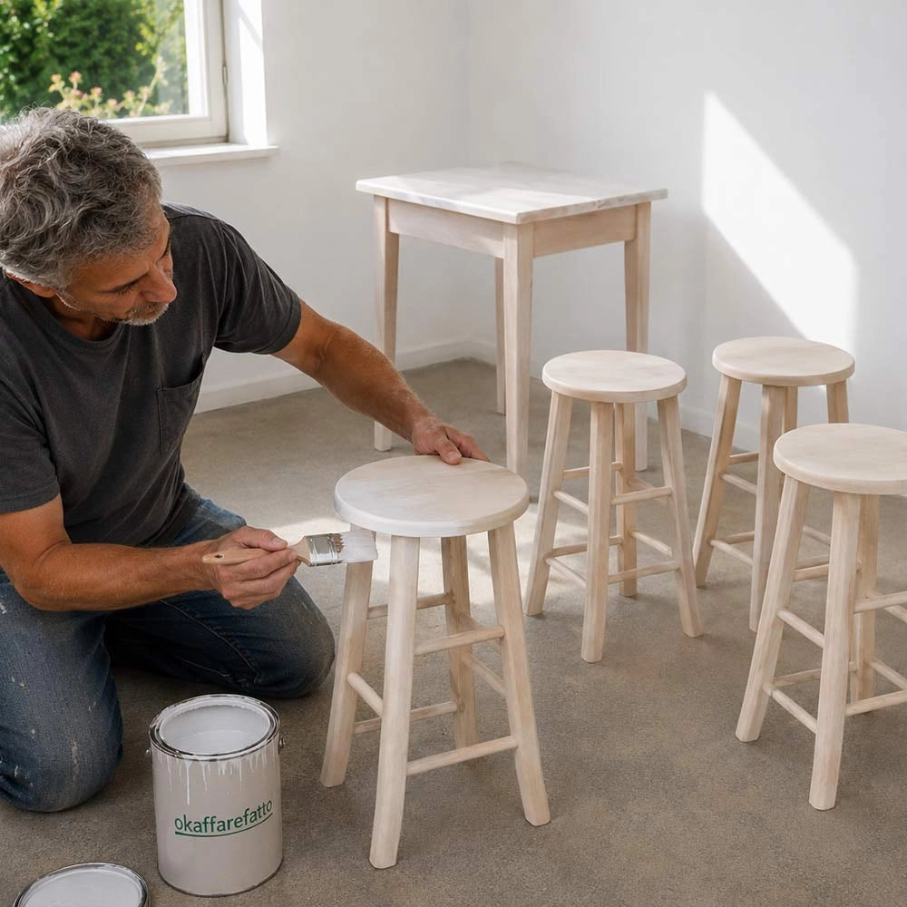 Sgabello in legno grezzo da dipingere h 47 cm con seduta rotonda e gambe curve