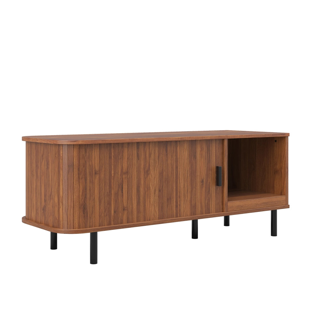 Tavolino da caffè 110x40x55 cm con porta scorrevole e vano a giorno in MDF e truciolare noce