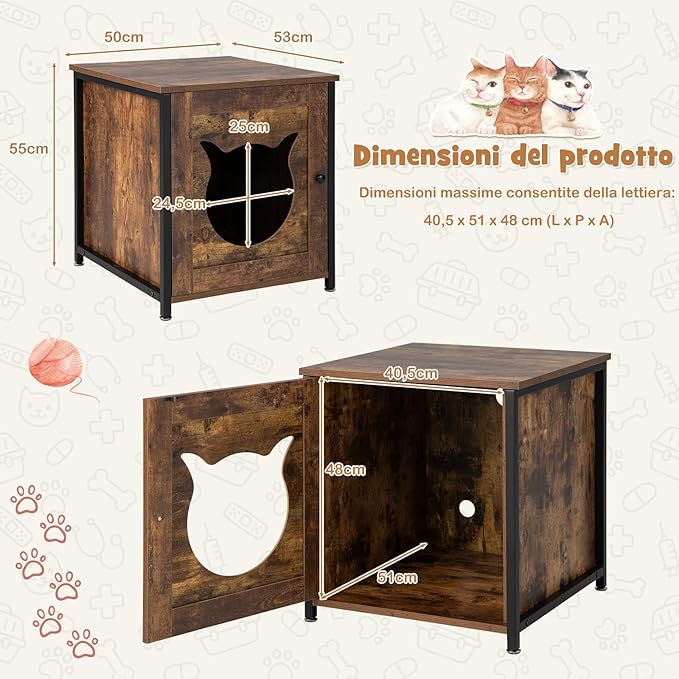 Mobile per Lettiera Gatti in Legno, Casetta con Ingresso a Forma di Gatto, Telaio in Metallo, Mobiletto Multiuso per Ingresso e Soggiorno, Adatto a Gatti Piccoli e Grandi