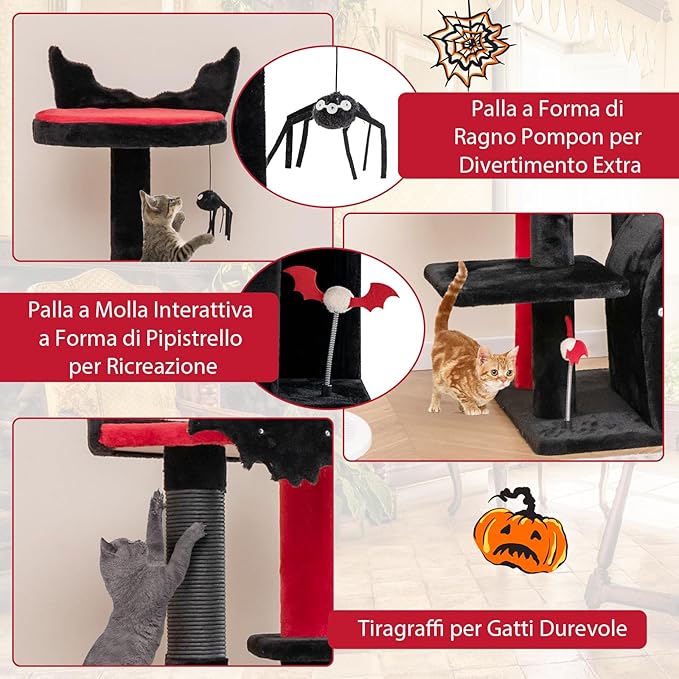 Albero per Gatti Gotico, Tiragraffi con Letto per Gatti, Condominio ad Arco, Pali, Pompom e Palline a Molla, Cat Tree di Halloween a 6 Livelli