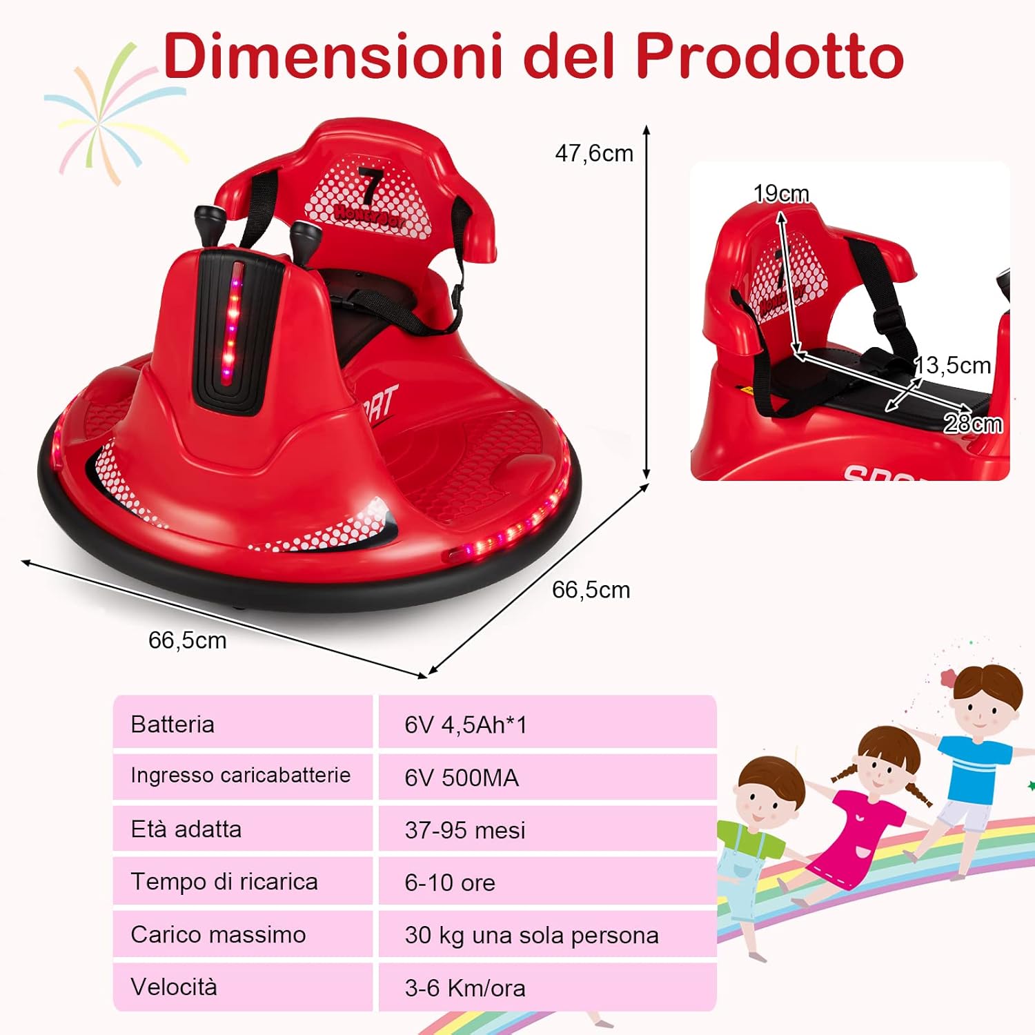 6V Autoscontro Elettrico per Bambini, Veicolo Elettrico con Telecomando, Girevole a 360°, Luci LED Colorate e Cintura di Sicurezza Regolabile, 37-95 Mesi (Rosso)