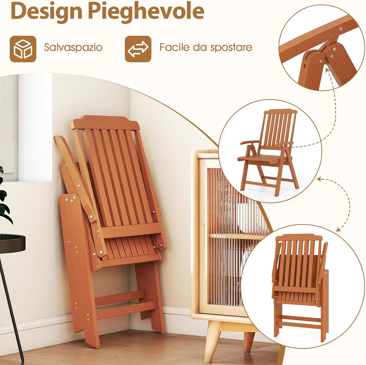 Sedia Esterno Pieghevole, Sedia Ergonomica in HDPE con Braccioli, Schienale Curvo e Seduta a Doghe, Poltrona Pranzo per Giardino Balcone Patio, Portata 150 kg (Marrone)