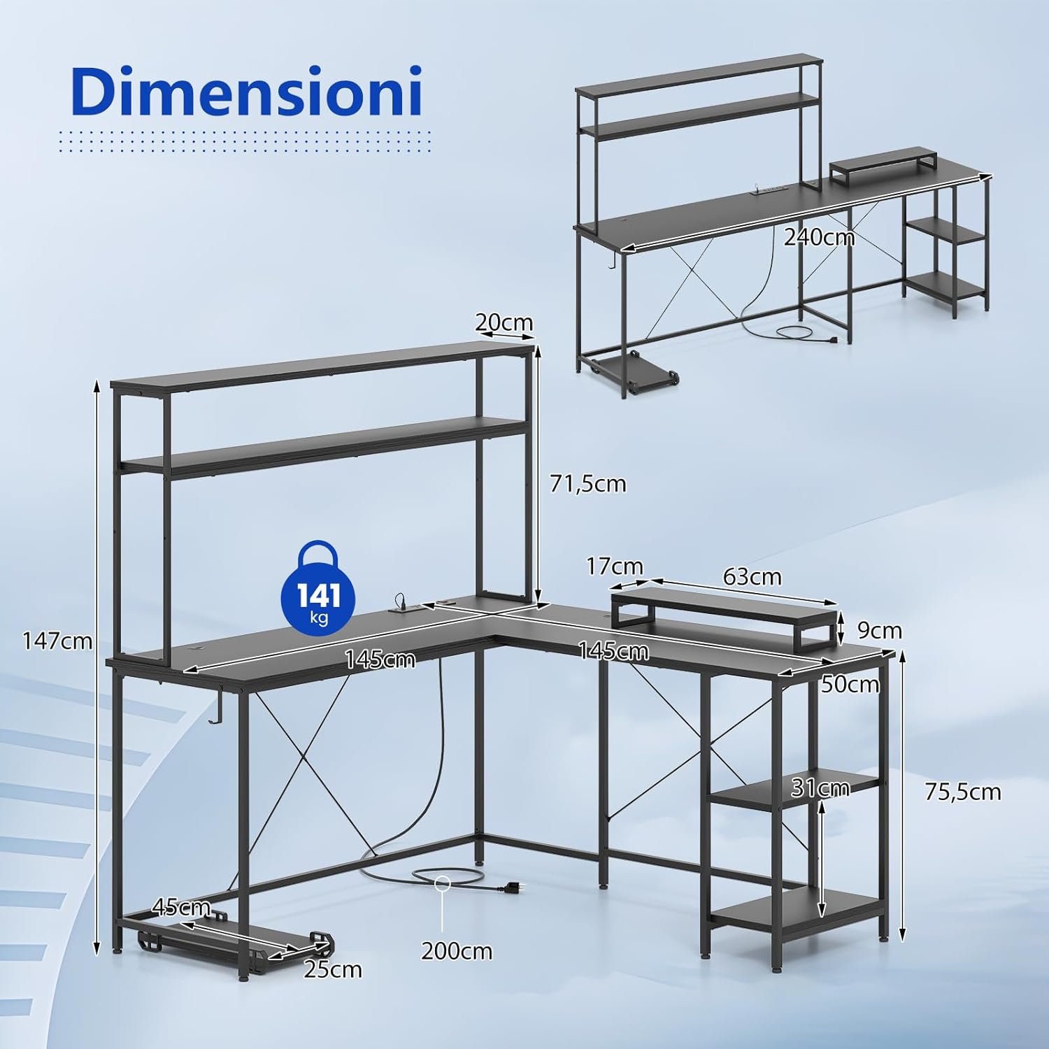 Scrivania per Computer a Forma di L, Tavolo da Gioco con Scaffale Regolabile, Gancio, Supporto per CPU, Striscia LED, Telecomando e Prese di Corrente, Desk per Studiare e Lavorare (Nero)