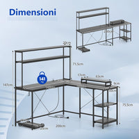 Scrivania per Computer a Forma di L, Tavolo da Gioco con Scaffale Regolabile, Gancio, Supporto per CPU, Striscia LED, Telecomando e Prese di Corrente, Desk per Studiare e Lavorare (Nero)