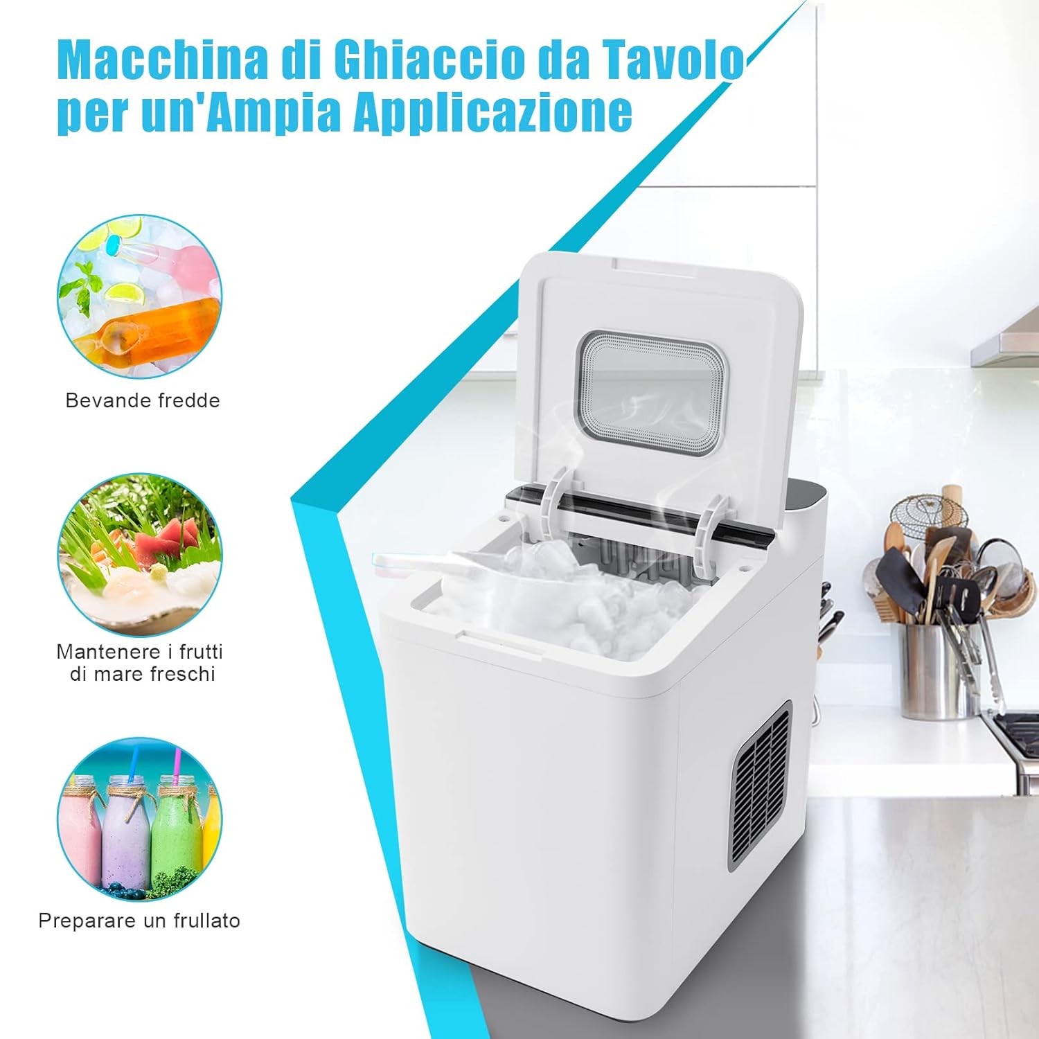 Macchina del Ghiaccio 15kg/24h, Fabbricatore di Ghiaccio con Funziona Autopulizia e Touch, Schermo a LED, Ideale per Casa Ristorante e Bar (Bianco)