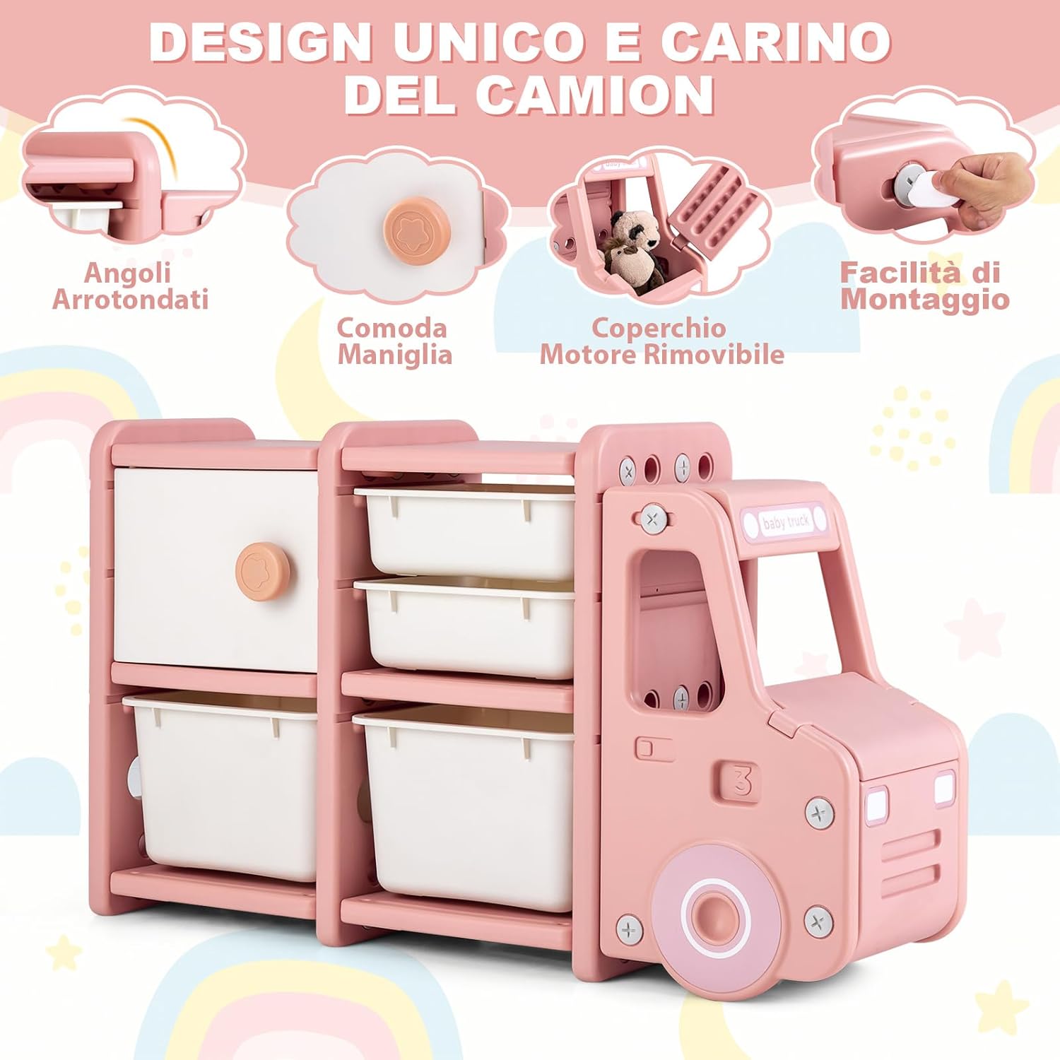 Organizer per Giocattoli con Scatole per Bambini, Scaffale Multilivello in HDPE a Forma di Camion, Scaffale per Giocattoli con 2 Livelli e 4 Scompartimenti per Bambini (Rosa)