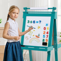 Lavagna per Bambini 3 in 1, Lavagna Magnetica con Lavagna Bifacciale, Rotolo di Carta, Vassoi Portaoggetti e 3 Bicchieri per Pittura, Cavalletto in Legno per Bambini 3+ Anni (Verde)