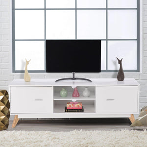 Mobile per TV da 60”, Mobile Porta TV Moderno con Ripiani, 2 Scomparti, 2 Ante, Fori Passacavi e Piedi in Legno Massello, Tavolo per Soggiorno e Camera da Letto, 140 x 40 x 48 cm, Bianco