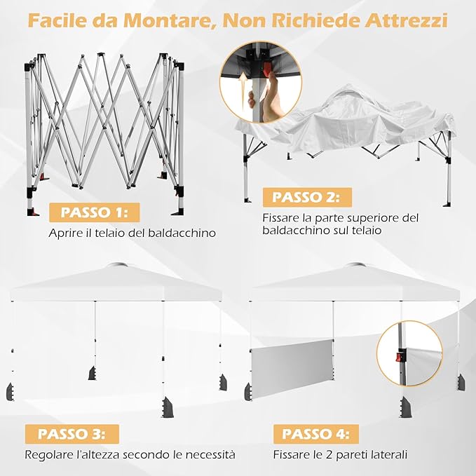 Gazebo Pieghevole 3 x 3 m da Esterno Impermeabile, Gazebo da Esterno con Borsa da Trasporto con Ruote, Tenda Pop-up Regolabile in Altezza per Giardino, Spiaggia, Feste e Barbecue (Bianco)
