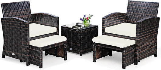 Salotto da Giardino in Rattan, Set da 2 Poltrone e 2 Poggiapiedi e 1 Tavolino da Caffè, Carico Massimo per Sedia 160 kg, Carico del Tavolo 30 kg, 2 Colori (Bianco)