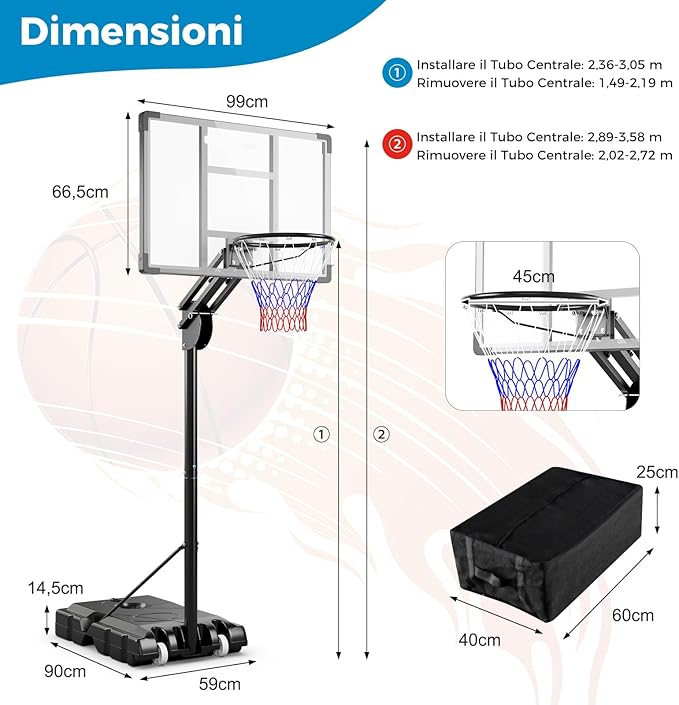 Canestro da Basket da Esterno per Adulti Professionale, Canestro da Basket Portatile e Regolabile 149-305 cm con Tabella Indistruttibile, 2 Ruote, Base Riempibile e Sacchetto di Pesi