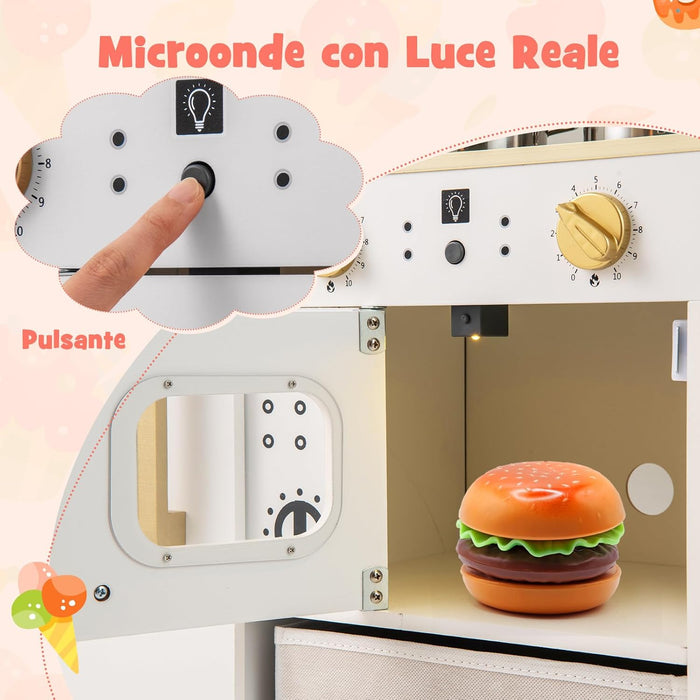 Cucina Giocattolo con Macchina del Ghiaccio e Microonde con Luce, Cucina per Bambini in Legno con 2 Lavagne, Lavandino e Cassetto in Tessuto, Set Cucina con 9 Accessori, 86 x 27 x 83 cm