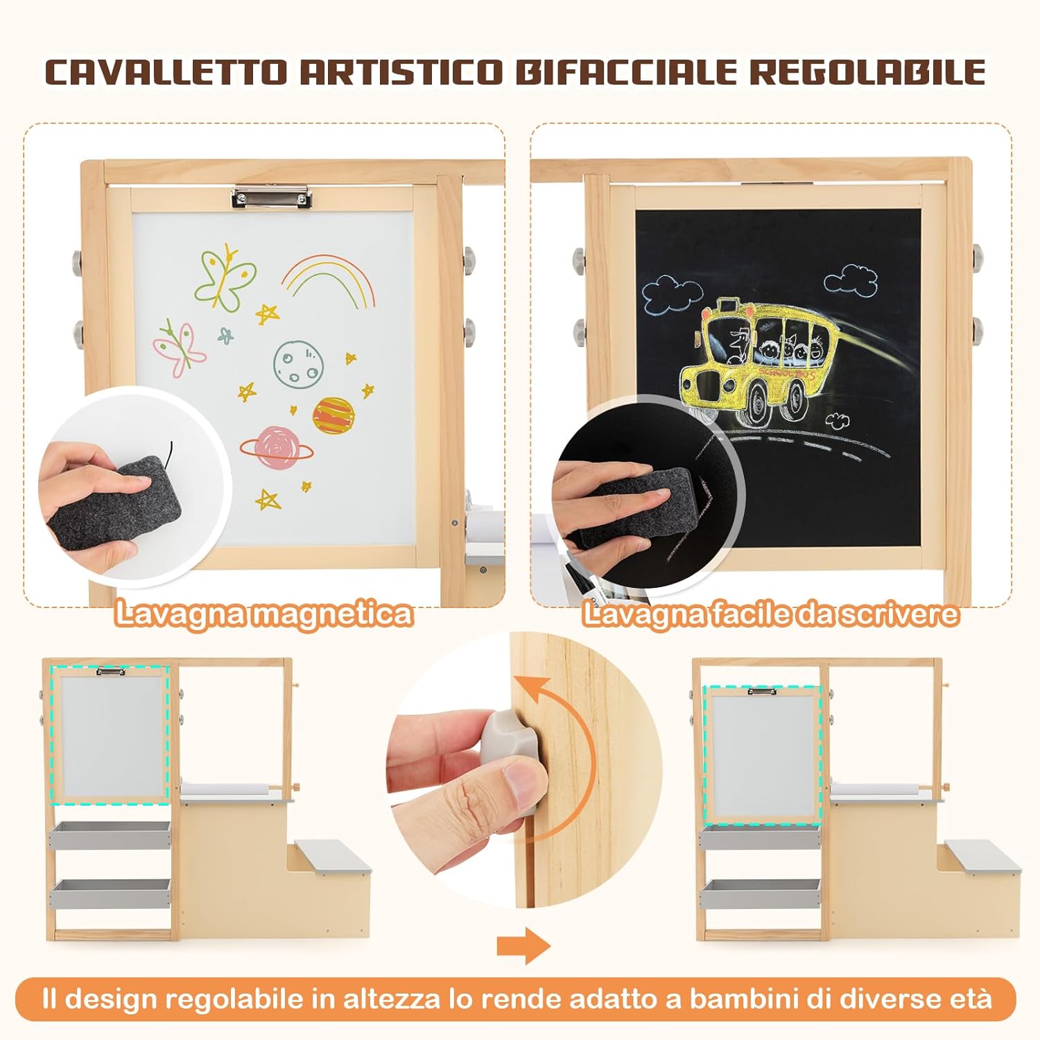 Set 3 in 1 Tavolo e Sedie per Bambini 3+ Anni, Tavolo in Legno Sicuro con Lavagna Cancellabile, Magnetica, Cavalletto Regolabile, Libreria e Accessori Artistici, per Disegno (Grigio)