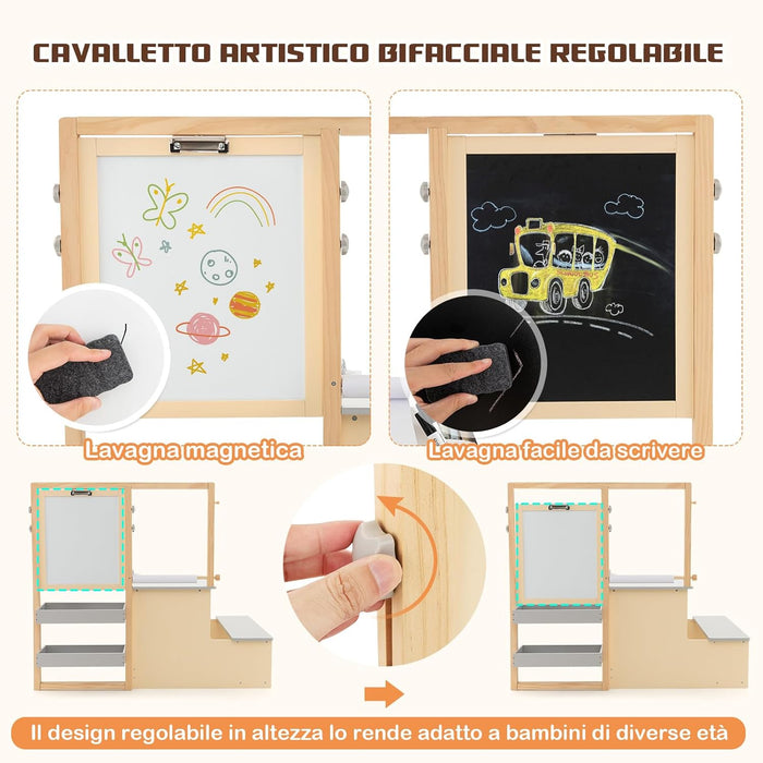 Set 3 in 1 Tavolo e Sedie per Bambini 3+ Anni, Tavolo in Legno Sicuro con Lavagna Cancellabile, Magnetica, Cavalletto Regolabile, Libreria e Accessori Artistici, per Disegno (Grigio)