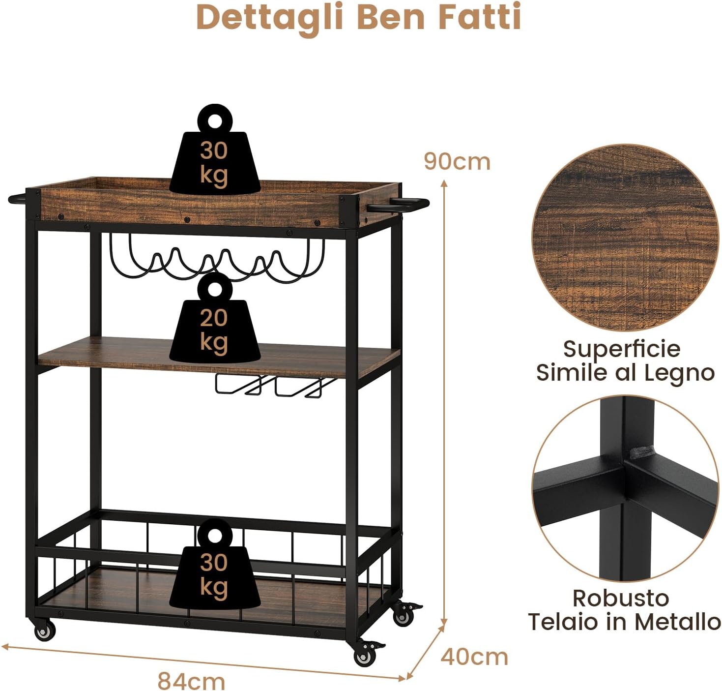Carrello da Cucina a 3 Ripiani, Carello in Legno con 4 Ruote Universali a Freno e Vasoio Rimovibile, Carrello con Supporti per Bicchieri e Bottiglie di Vino, 84 x 40 x 90 cm, Marrone Rustico