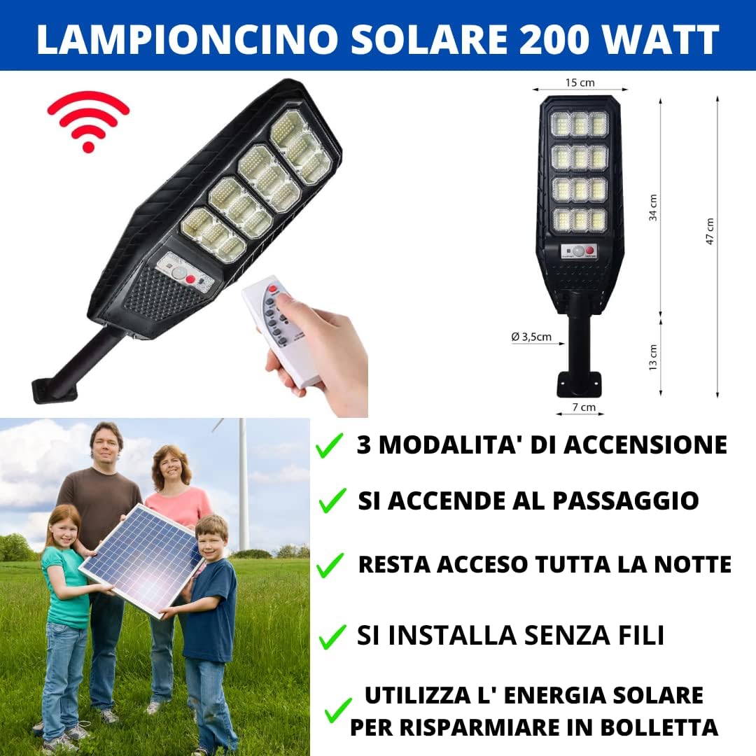 4 Pezzi Lampione Solare a Led esterno 200 W, Lampione led solare con Palo e Telecomando