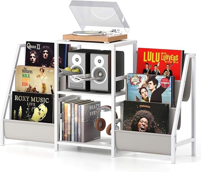 Supporto per Giradischi per Vinili, Porta Giradischi Vinili Fino a 200 Album con 3 Ripiani, 6 Tasche di Archiviazione e Struttura in Metallo, per Casa Studio e Caffè, 125x30x69 cm (Bianco)