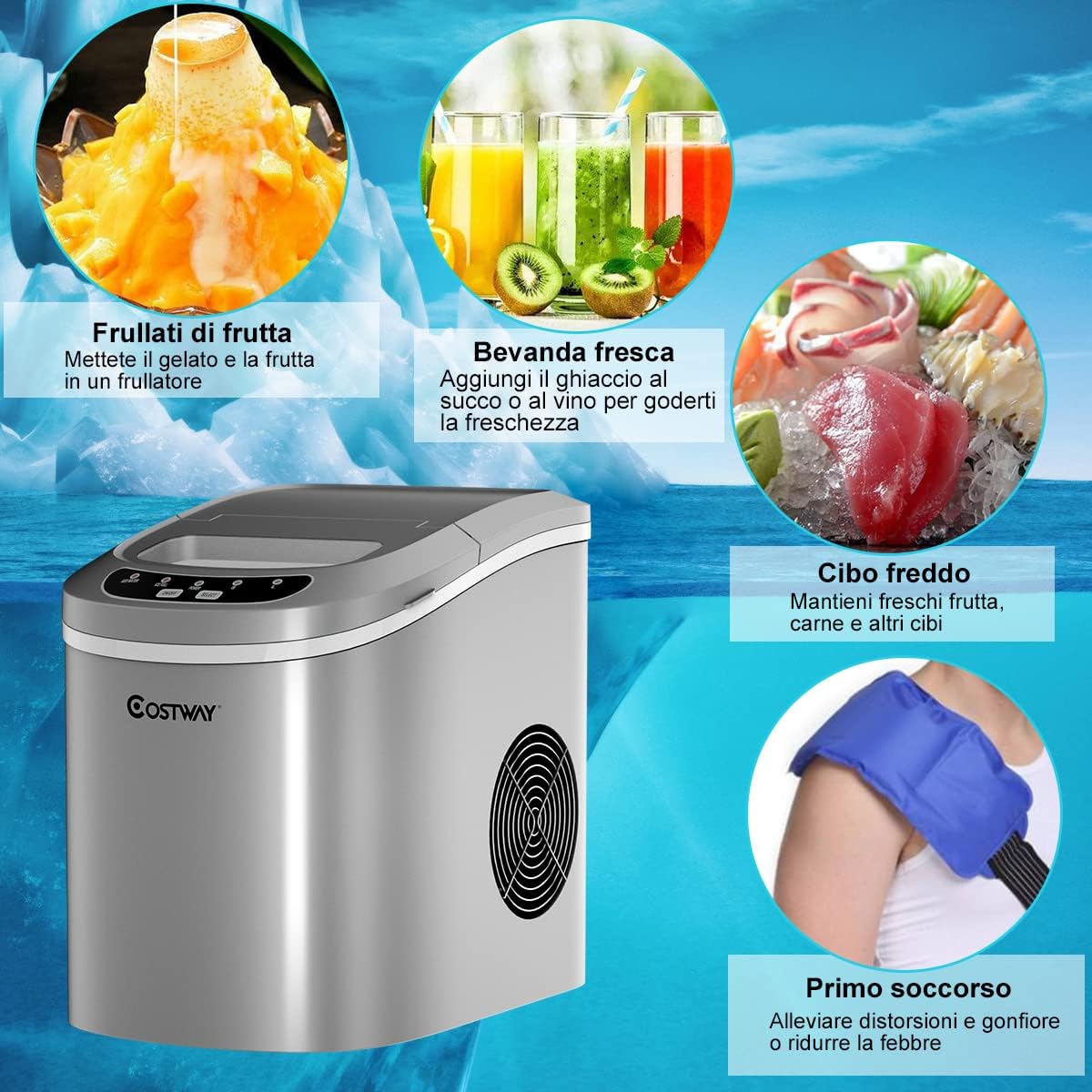 Fabbricatore di Ghiaccio 12kg/24h, Macchine per Cubetti di Ghiaccio, Produttore per Ghiaccio con Serbatoio 2,2L (Argento)