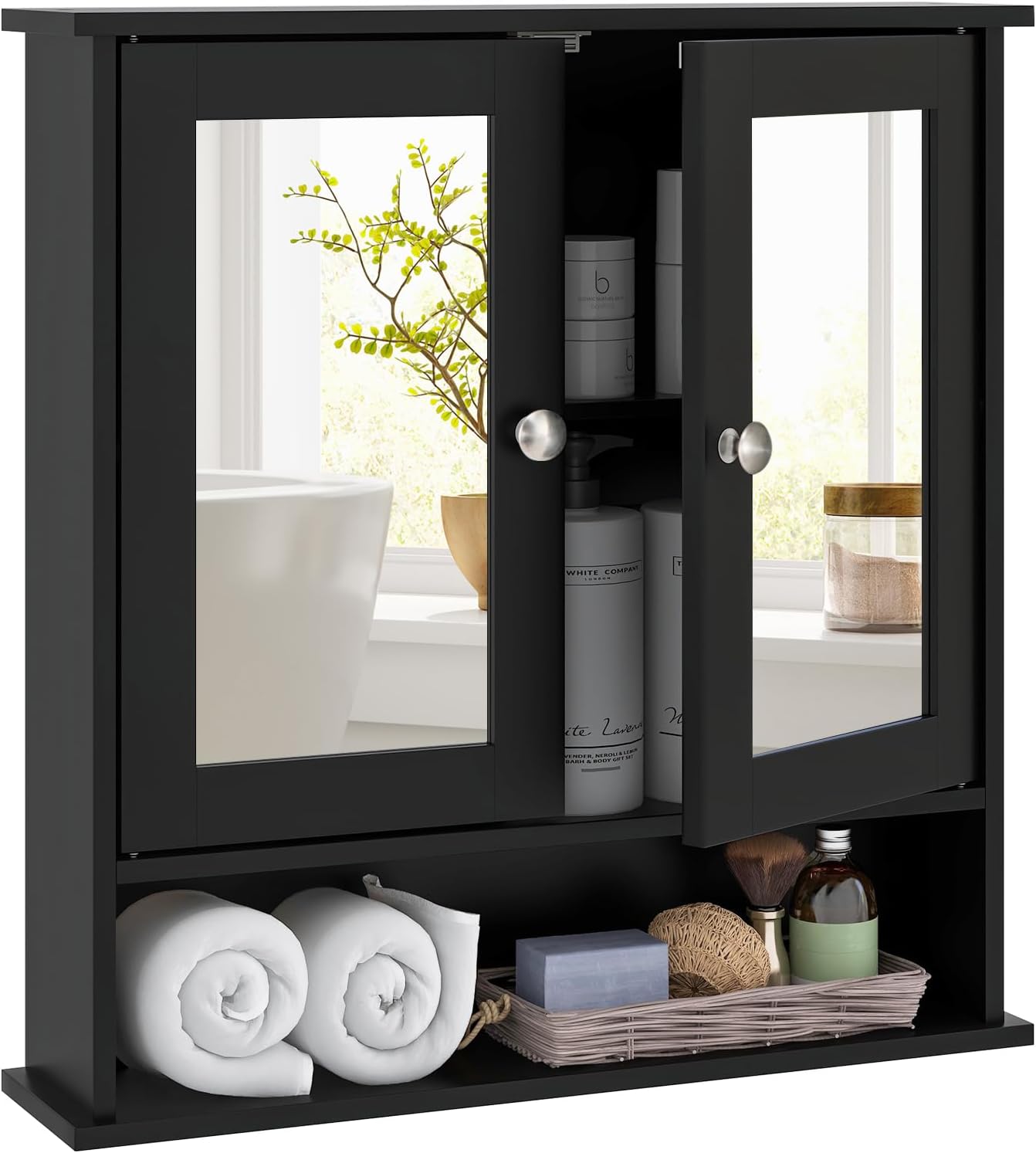 Armadietto da Bagno con Specchio, Armadietto da Parete con Ripiano Regolabile, Mobile da Parete per Bagno (Nero)