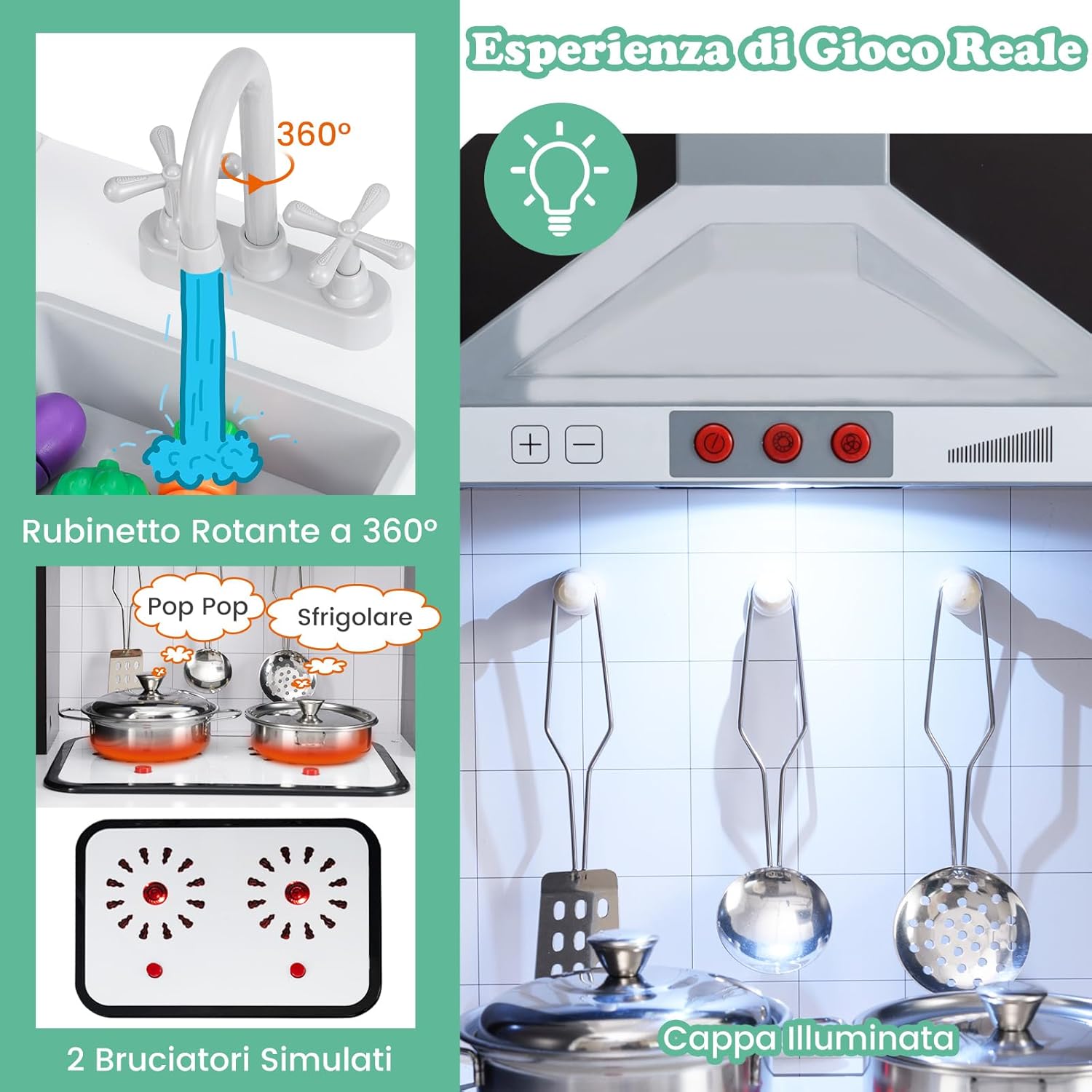 Cucina Giocattolo per Bambini, Cucina per Bambini con Frigorifero, Macchina del Ghiaccio, Lavatrice, Forno, Microonde, Lavello e Rubinetto, Con Luci e Suoni, per Bambini 3+ Anni (Marrone)