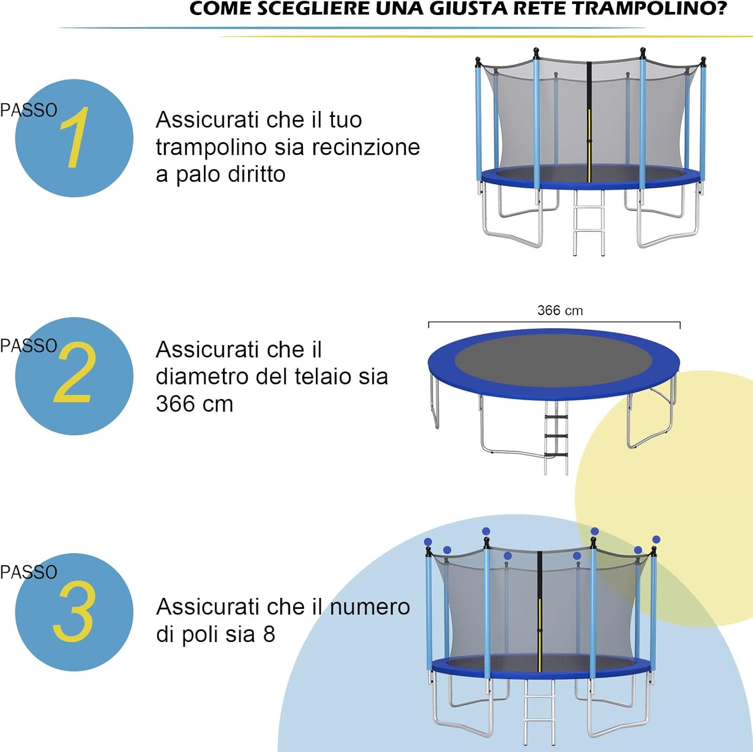 Rete di Sicurezza Sostitutiva per Trampolino da Esterno con Diametro 244 cm/305 cm/366 cm/427 cm/457 cm/488 cm, con Doppia Cerniera e Fibbie Protettive