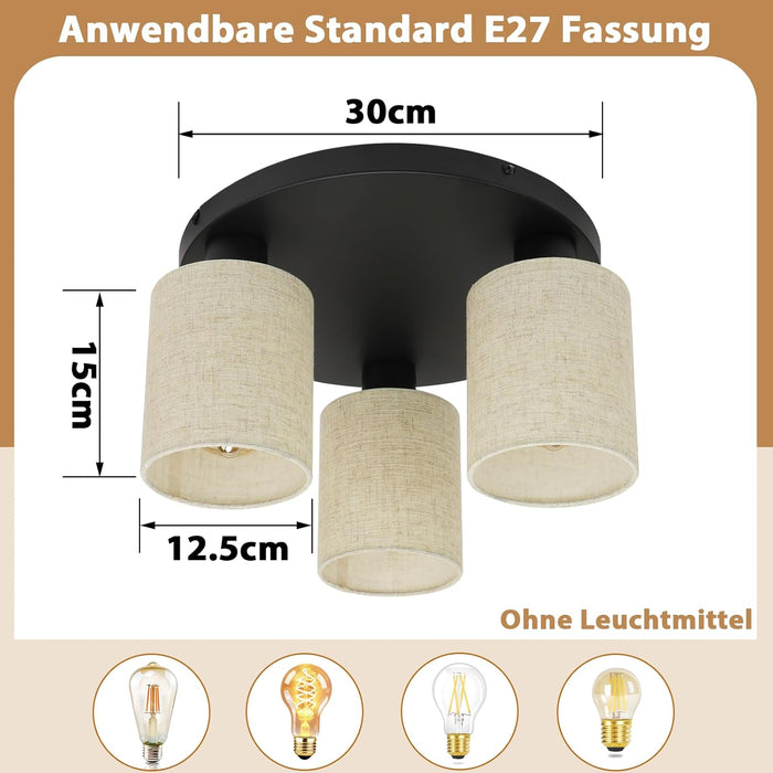 ZMH Lampada da soffitto vintage nera 3 luci E27 senza lampadine