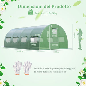 Serra da Giardino 600 x 300 x 200 cm, Serra Tunnel per Orto e Piante con Copertura Resistente, Struttura Robusta in Acciaio Zincato, 10 Finestre Avvolgibili e 2 Porte con Cerniera