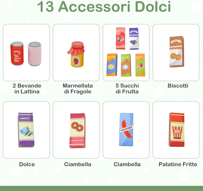 Set di Giocattoli in Legno per il Supermercato, Negozio Alimentare per Bambini con Bancone Cassa, POS, Distributore Automatico, per Bambini 3 - 8 Anni (Verde)