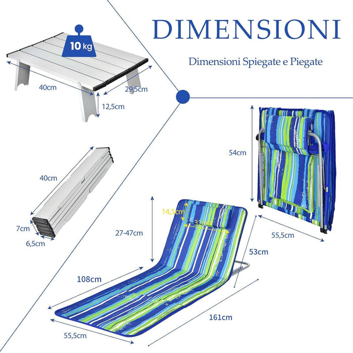 Tappettino da Spiaggia, Set di 2 Tappettini Spiaggia con Tavolino, Materassino Prendisole Pieghevole, Lettino da Spiaggia con Poggiatesta e Schienale Regolabile, Portabile con Tracolla