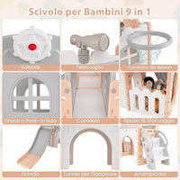 Scivolo per Bambini 9 in 1, Set da Gioco con Canestro da Basket, Telescopio, Volante, Corridoio, Tunnel e Spazio di Archiviazione, Scivolo da Interno ed Esterno per 1+ Anni (Rosa+Grigio)