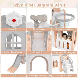 Scivolo per Bambini 9 in 1, Set da Gioco con Canestro da Basket, Telescopio, Volante, Corridoio, Tunnel e Spazio di Archiviazione, Scivolo da Interno ed Esterno per 1+ Anni (Rosa+Grigio)