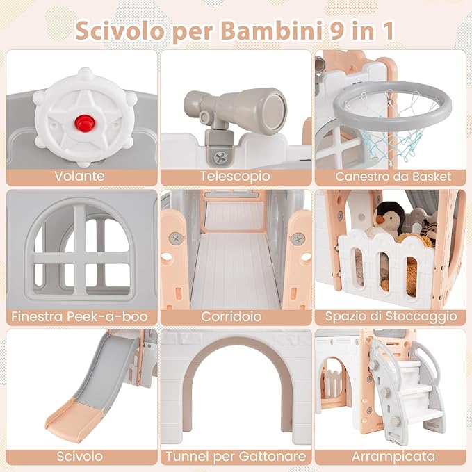 Scivolo per Bambini 9 in 1, Set da Gioco con Canestro da Basket, Telescopio, Volante, Corridoio, Tunnel e Spazio di Archiviazione, Scivolo da Interno ed Esterno per 1+ Anni (Rosa+Grigio)