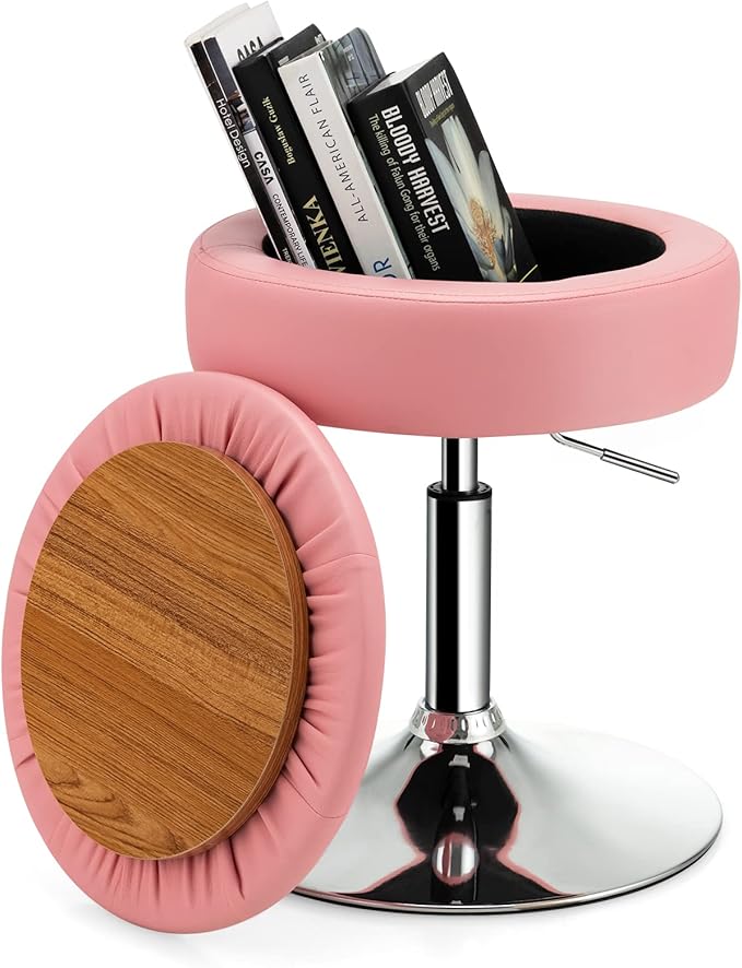 Sgabello Girevole Altezza Regolabile con Portaoggetti, Poggiapiedi Sgabelli da Trucco, Tavolino da Caffè, Sgabello da Lavoro Rotondo in Finta Pelle per Bar, Ufficio, Soggiorno, Camera (Rosa)
