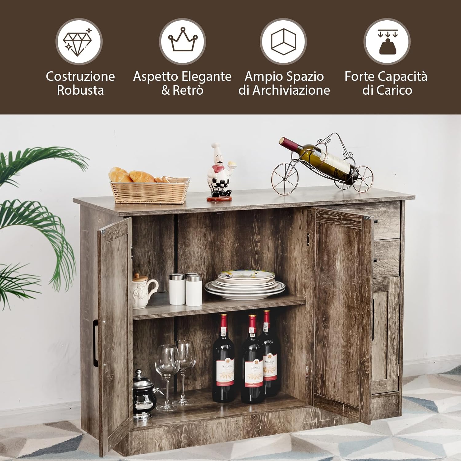 Credenza da Cucina, Mobile Buffet da Terra con 2 Cassetti, 3 Ante e 1 Ripiano Regolabile, per Sala da Pranzo, Cucina, Salotto, Ingresso, Grigio