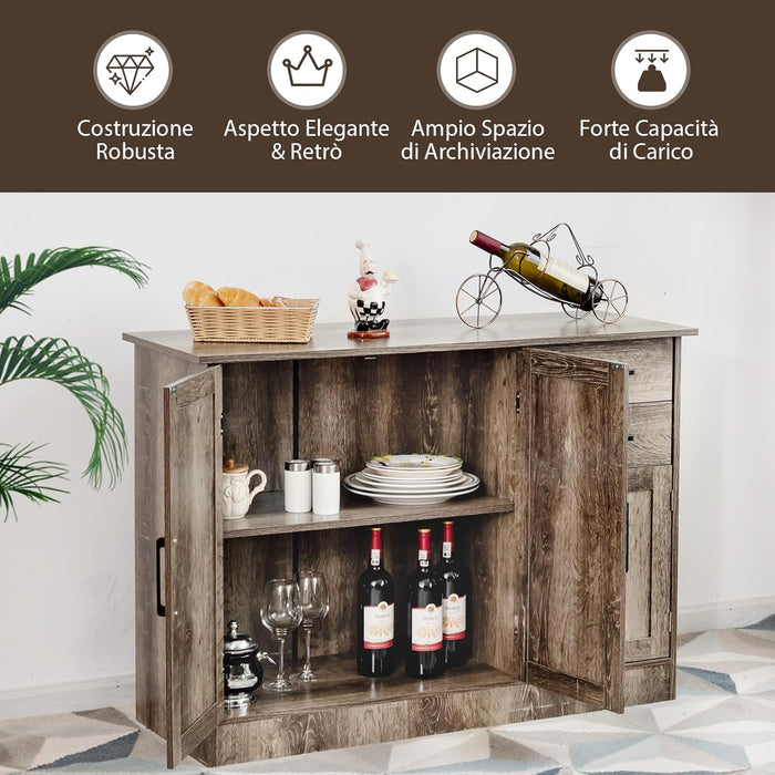 Credenza da Cucina, Mobile Buffet da Terra con 2 Cassetti, 3 Ante e 1 Ripiano Regolabile, per Sala da Pranzo, Cucina, Salotto, Ingresso, Grigio