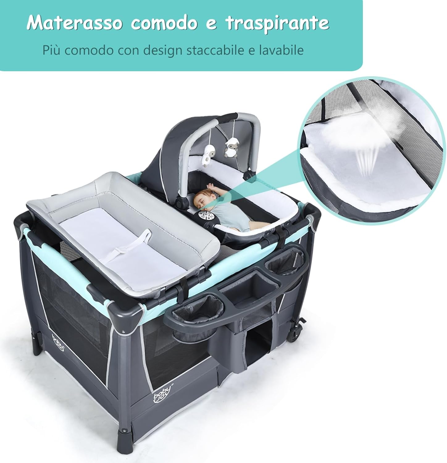 4 in 1 Lettino Neonato da Viaggio Pieghevole con Materasso, Culla da Campeggio con Fasciatoio e Giocattolo, per Bambini 0-36 Mesi fino a 15 kg (Grigio-Azzurro)