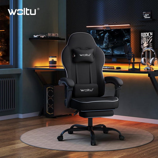 Sedia Gaming, Ampia Sedia da Ufficio Ergonomica Imbottita con Cuscino a Molla, Alta Capacità di Carico, Poltrona per Computer con Schienale Alto e Poggiapiedi, Tessuto a rete, Nero, GS11sz