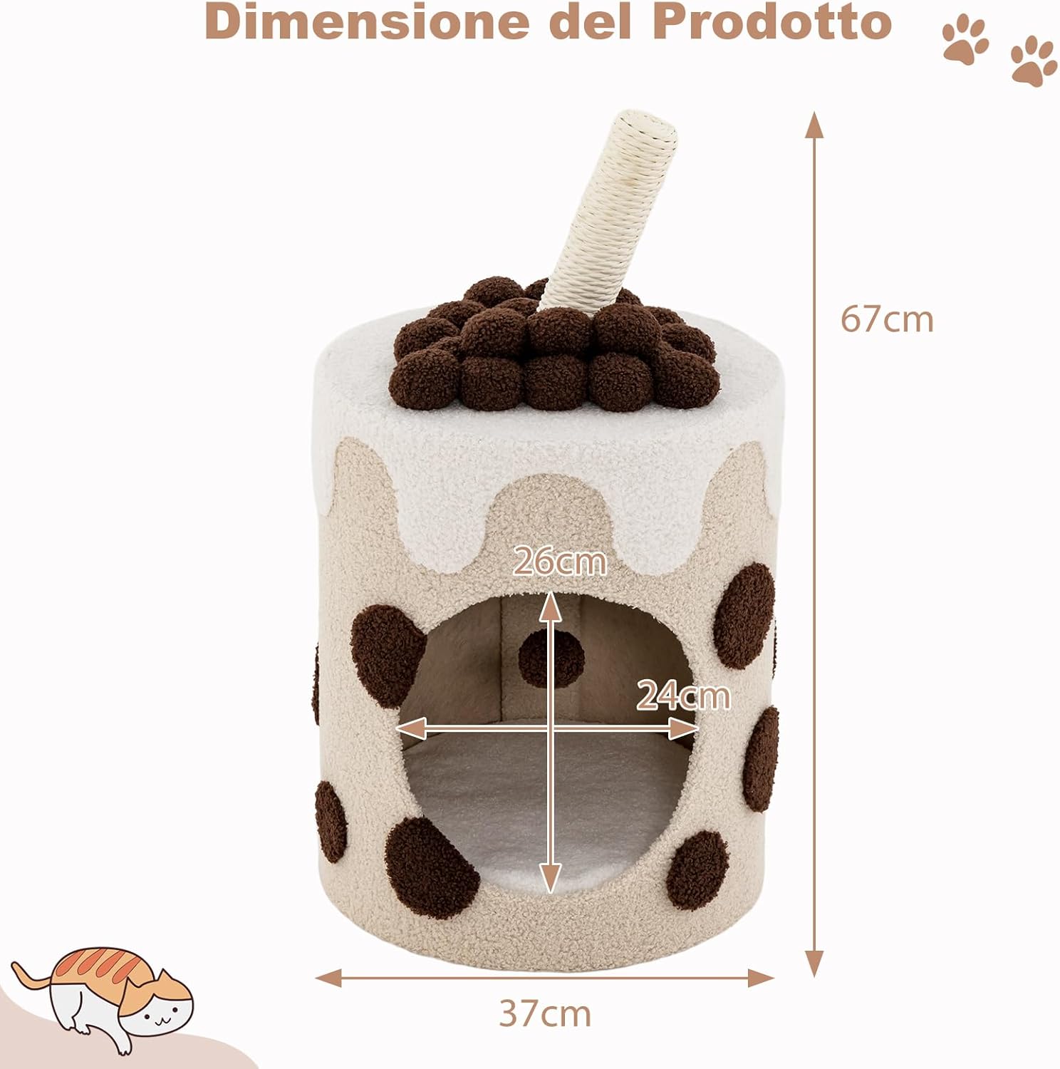 Cuccia per Gatti a Forma di Bubble Tea, Casetta per Gatti con Tiragraffi in Sisal e Palline Appese, Albero per Gattini da Interno, 37 cm x 37 cm x 67 cm (Caffè e Beige)