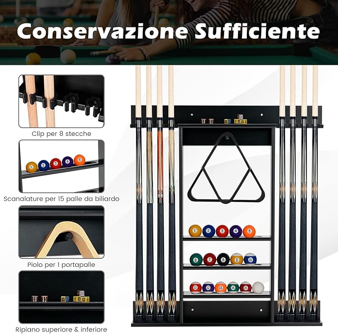 Porta Stecche da Biliardo in Legno Massello, a Parete Può Ospitare 8 Stecche 15 Palle e 1 Portapalle, Attrezzatura per Sala da Biliardo Club e Bar (Nero)