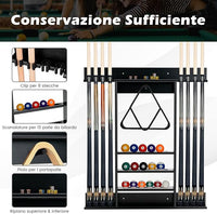 Porta Stecche da Biliardo in Legno Massello, a Parete Può Ospitare 8 Stecche 15 Palle e 1 Portapalle, Attrezzatura per Sala da Biliardo Club e Bar (Nero)