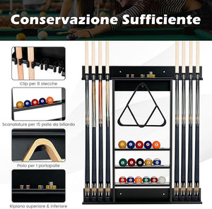 Porta Stecche da Biliardo in Legno Massello, a Parete Può Ospitare 8 Stecche 15 Palle e 1 Portapalle, Attrezzatura per Sala da Biliardo Club e Bar (Nero)