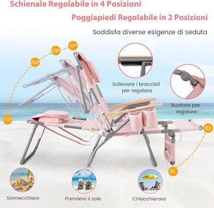 Sedia da Spiaggia Pieghevole 3 in 1, con Foro per il Viso, Poggiapiedi, Schienale Regolabile, Cuscino, Poltrona Prendisole per Spiaggia, Campeggio, Bordo, Piscina, Portata 150 kg (Rosa)