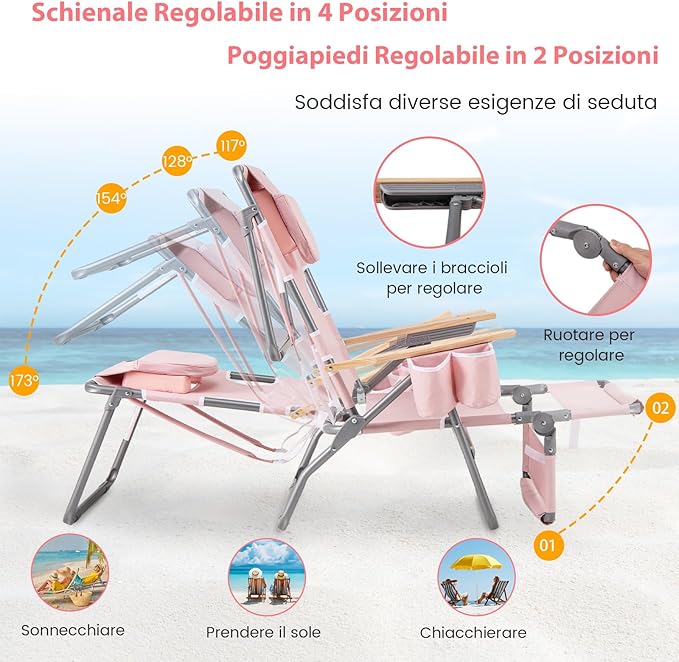 Sedia da Spiaggia Pieghevole 3 in 1, con Foro per il Viso, Poggiapiedi, Schienale Regolabile, Cuscino, Poltrona Prendisole per Spiaggia, Campeggio, Bordo, Piscina, Portata 150 kg (Rosa)
